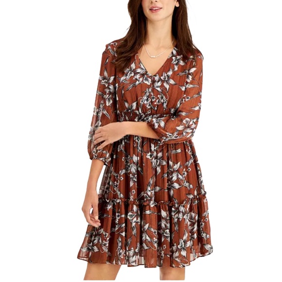 Just Taylor Brown Floral Bronze Metallic Thread Dress NWOT Size 6 - Picture 2 of 13